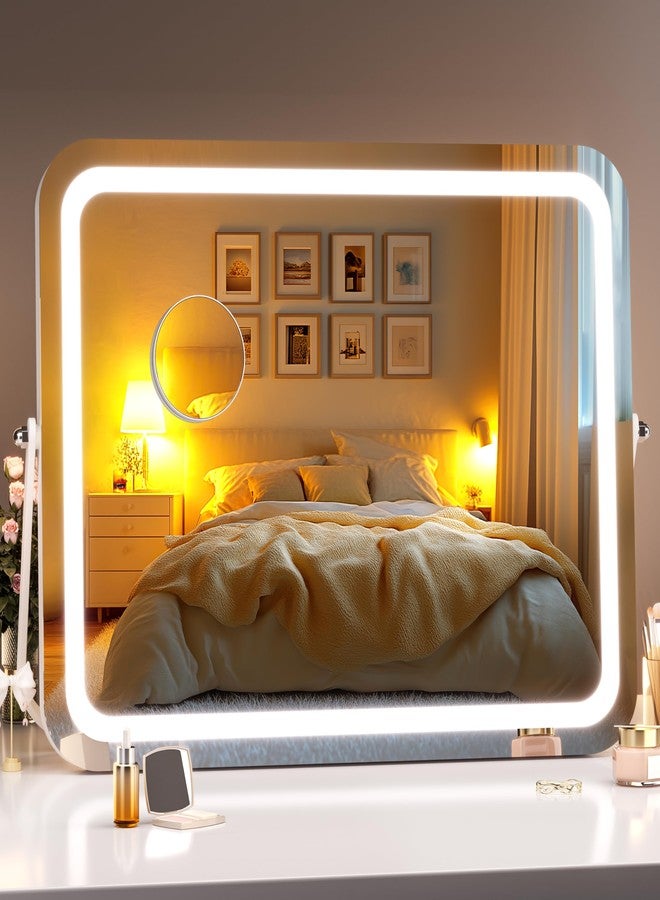Hasipu مرآة زينة هاسيبُو بإضاءة، مرآة مكياج LED مقاس 18 × 14 بوصة، 3 أوضاع إضاءة، تحكم ذكي باللمس، قابلة للتعتيم، دوران 360 درجة، إطار أبيض مستطيل، مع عدسة مكبرة 5x - Image 1